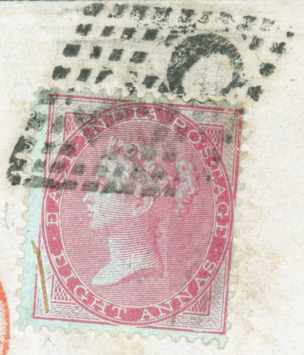 India 1855 QV 8a on bluish, variety: <b>printing flaw</b> at bottom left, tied by "C/1" of Madras on 1857 folded letter to Marseilles - Image 3