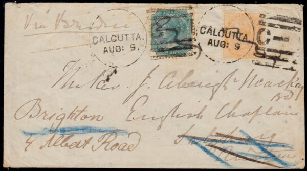 India 1876 post UPU single weight letter over paying the 5a rate from Calcutta to <b>Austria</b> via Brindisi by 1a but was forwarded to England where the rate was 6a. On reverse "SEA POST OFFICE D", receiving and forwarding marks