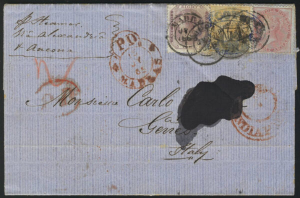 India 1865 Letter from Madras to Genova Italy via Alexandria and Ancona, with scarce <b>PD/MADRAS</b> alongside