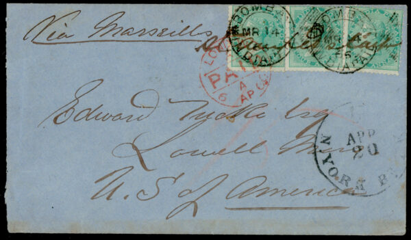 Early India Cancellations: <b>Renouf type 4k</b> var hollow "1" within diamond of bars of "BOMBAY/1" duplex, tying EI 4a x 3, on 1866 (Mar 14) cover to USA via Marseilles with London PAID "N. YORK Br. PKT"