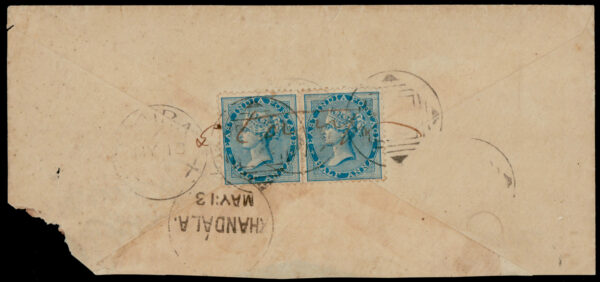 Early India Cancellations: <b>Renouf type 9</b> variety hollow box without numeral, of Bombay duplex tying EI ½a pair on cover to Khandala. <b>Extremely rare</b> cancel.