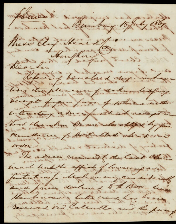 Early India Cancellations: <strong>Cooper type B4c, Renouf type 4j</strong> hollow "1" on 1861 (Jul 16) <strong>opium correspondence</strong> to Hong Kong. Cooper states: <i><strong>examples are scarce</strong></i> - Image 3