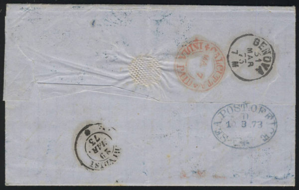 India 1873 6a8p rate cover to Italy via Brindisi, Cooper type 7 in blue - Image 2