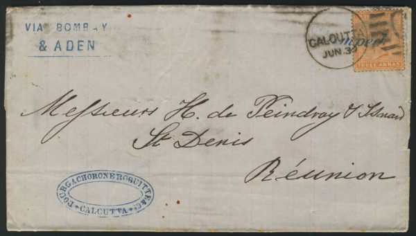 India 1883 fl to Reunion via Aden SEA POST OFFICE A