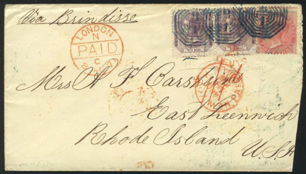 India 1871 cover to Rhode Island USA via Brindisi & London