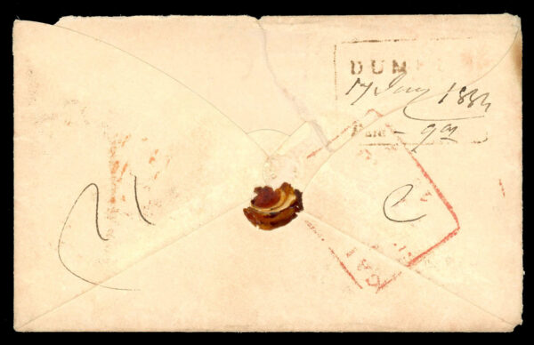 India 1854 (Jan 17) <strong>DUM DUM Paid</strong> HG 4 on cover to London via Calcutta and Southampton with two types of boxed INDIA PAID. Giles records usage between 1841-47, this is <strong>used 7 years later</strong>.