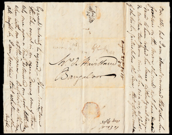 India 1815 Aug 27 <strong>Post Paid / Fort St. George</strong> HG 4 on folded letter to Thomas Fiott de Havilland's wife in Bangalore, with "27 Aug" in black 4½ fanams. Transcript of letter enclosed.