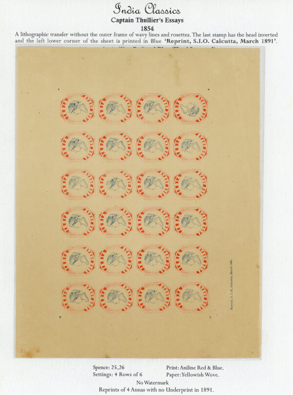 India 1894 lithographic reprint of QV 4a using issued head, printed in four rows of six impressions with the last having head inverted, without the outer frame of wavy lines, on yellowish wove paper, complete sheet of 24, <strong>Spence 25/26</strong>
