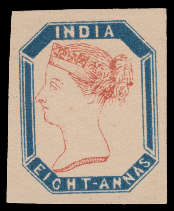 India 1890 8a <strong>Essay</strong>, proposed octagonal design, lithographic reprint of 1854 printed in horizontal rows of six, in light blue (frame) and orange-brown (head) on yellowish wove paper, pos. 6 in sheet, large margins. Spence #2