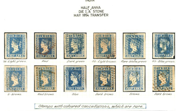 Early India Cancellations: <strong>Colored cancels</strong> on 1854 ½a die I imperfs - 12 stamps with wide margins and various colored cancels, including red, red-brown, brown, dark brown, green, etc. - a scarce assembly.