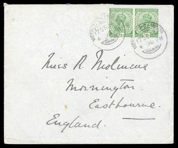 India Special Cancellations: 1914 "<strong>VICEROY'S CAMP P.O.</strong>" on GV ½a pair used on cover to UK