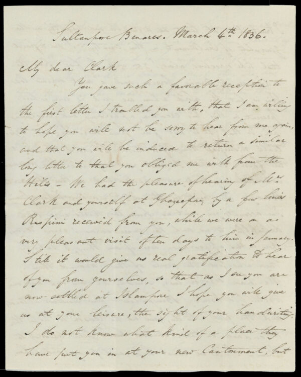 India 1836 (Mar 4) <b>BENARES POST PAID</b> Giles 6 (late usage) on folded entire of Clark correspondence to Islampore via Delhi
<i>Provenance: Glenn Reed, Chairman, ISC</i> - Image 3