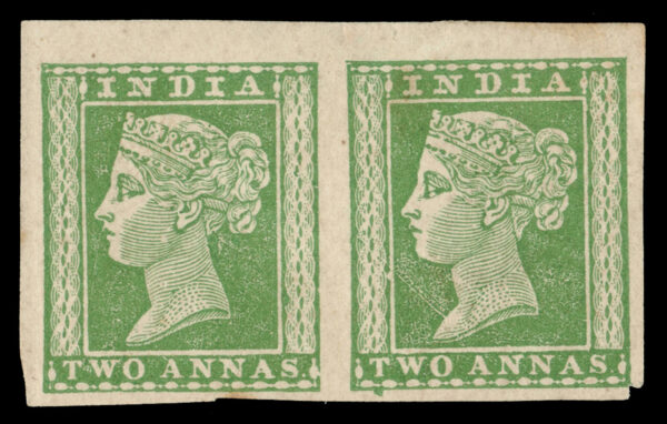 India 1883 impressions of the 2a green taken from the plate used for the issued stamps, horizontal pair. Spence 79