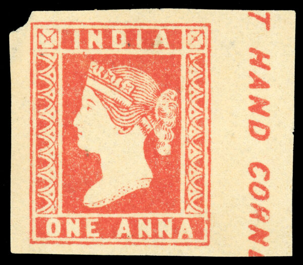India 1854 QV 1a dull red, imperf, die II, pos.56, right margin showing "(RIGH)T HAND CORN(ER)", unused without gum as issued. SG 14 £300+