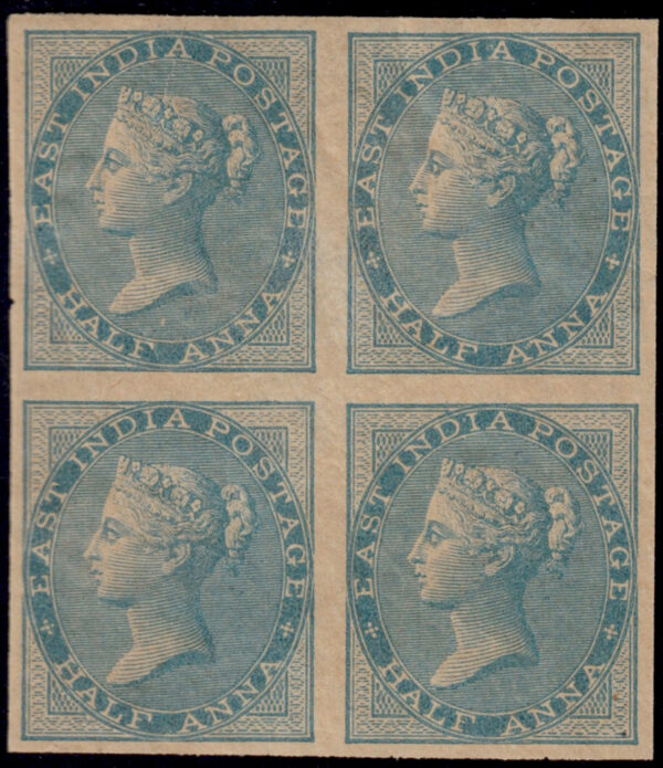 India 1856-64 QV ½a blue no watermark, variety: <b>imperf blk/4</b> - fine MNH. SG 37a £2,000+ - copy of 2013 BPA certificate for blk/24