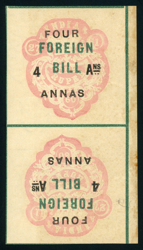 India 1888/1904 overprint on 1860 embossed issue 4as on 1r pink and green Foreign Bill, variety: <b>tete-beche</b>, mnh. Barefoot 25a Scarce