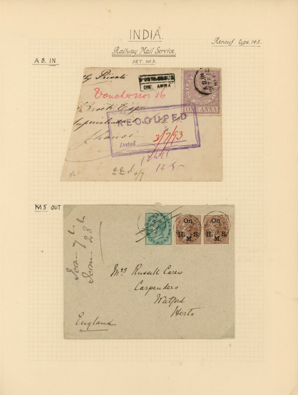 India QV 1a <b>fiscal stamp used as postage</b> on cover tied by Railway Office A8.IN / SET No.8 to Jhansi, but marked POSTAGE DUE/ONE ANNA as this was invalid for postage. Another cover with M.5. OUT / SET No.1 to UK, both with delivery cds on reverse