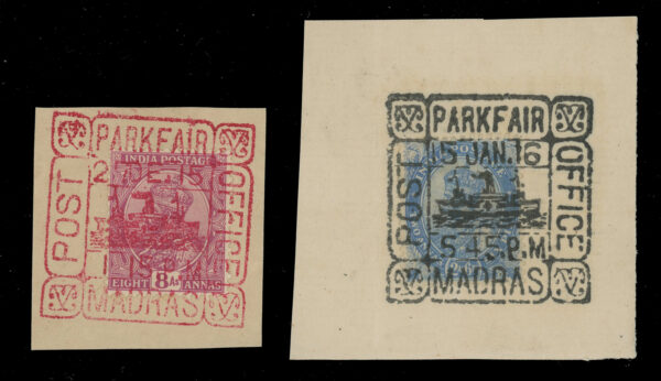 India "<b>PARK FAIR/ MADRAS POST OFFICE</b>" commemorative cancel <b>in red</b> (unrecorded) on GV 8a and another in black on GV 2a6p, both on pieces.