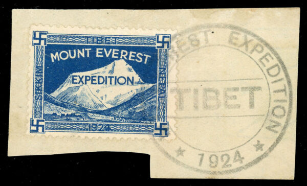 India 1924 Mount Everest Expedition label with "<b>MT. EVEREST EXPEDITION / TIBET" scarce cancel in black</b>.  This cancel at Pharijong was in use only for 4 days between June 25-28. Most Expedition cards were used from Darjeeling or Calcutta.