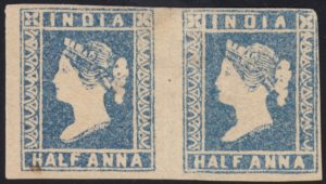 India 1854 ½a blue, pair