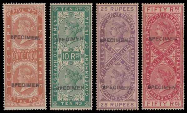 INDIA, 1882, 5r-50r Telegraphs, "Specimen" Overprint (SG T38S-T41S). Original gum, 5r-10r lightly hinged, 25r small h.r. and light horizontal bend, 50r dull original gum, fresh colors, Very Fine, a scarce set of high values with "Specimen" overprints which catalogue £975 alone as unused singles