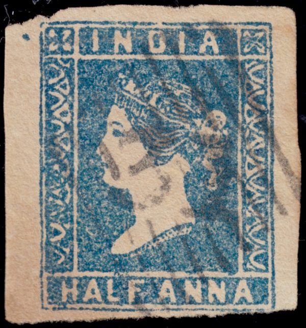 India 1854 ½a blue imperf SG 2, B-stone, FLAW dot outside top left frame, "31" Cooper type 4 cancel. £60+