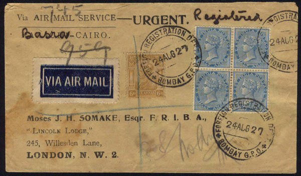 India Airmail - 1927 Basra-Cairo registered cover to London f.w. EI QV ½a blk/4 and GV 6a