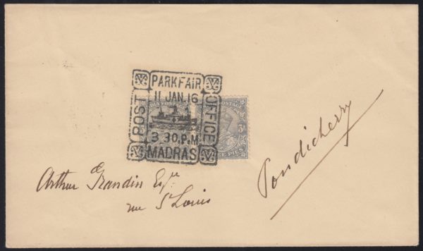 India 1916 "PARK FAIR POST OFFICE MADRAS" special cancel on cover to Pondicherry