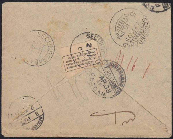 India 1903  "Cover wrongly dealt with by P.O. Please return to postman for enquiry and notice." instructional label tied by "SECUNDERABAD" on cover f.w. QV ½a light green tied by "PARK TOWN" cds, various other Secunderabad and Hyderabad cancels