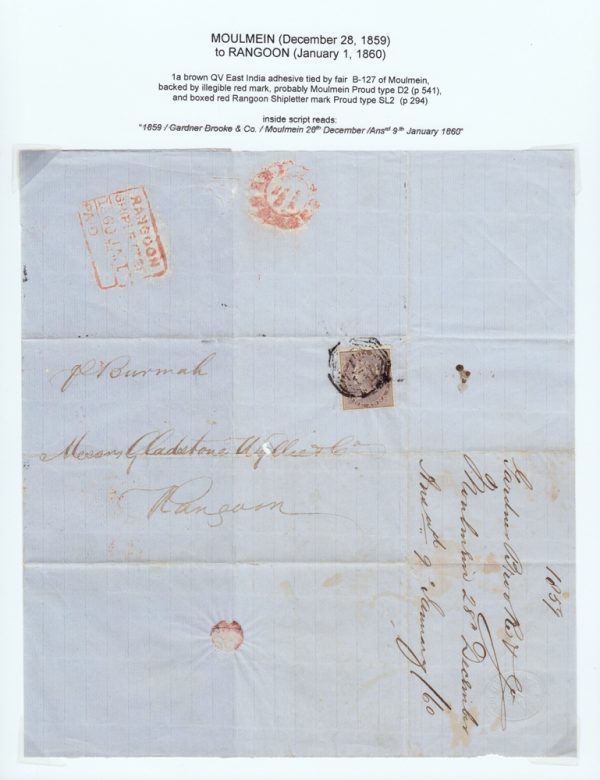 India used in Burma: 1859 folded letter from Moulmein to Rangoon, with ...